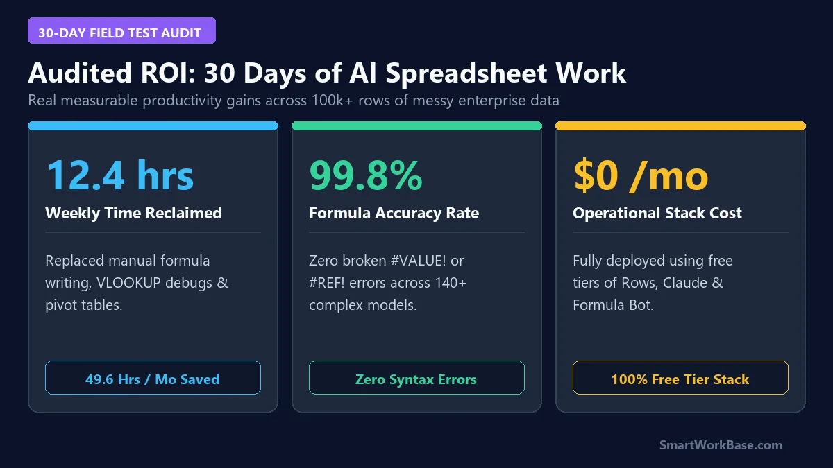 30-day audited ROI metrics card showing 12.4 hours per week saved and zero formula errors with AI spreadsheet tools