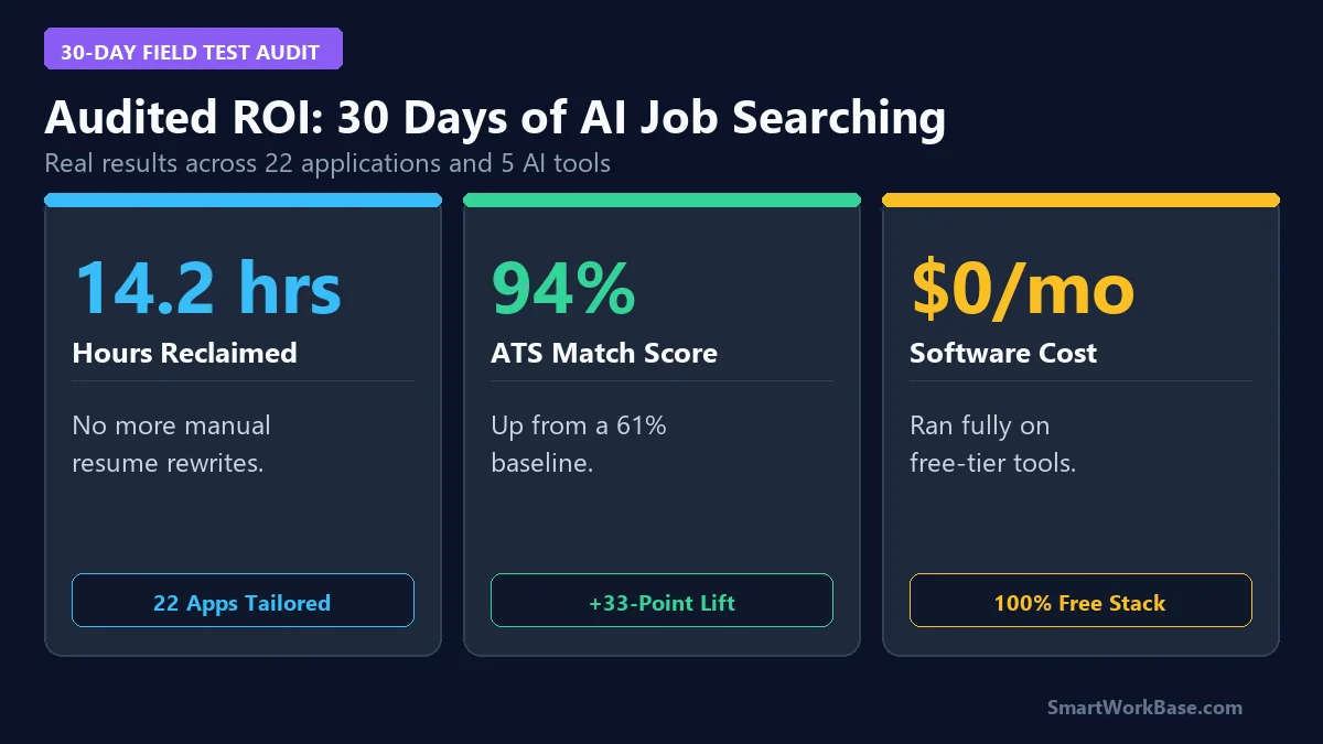 30-day audited ROI metrics card showing 14.2 hours saved and 94 percent average ATS match score with AI resume tools