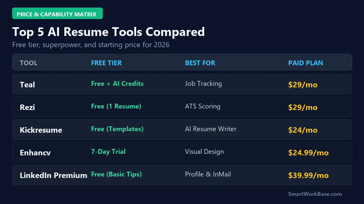 Comparison matrix of top 5 AI resume and job search tools including Teal, Rezi, Kickresume, Enhancv, LinkedIn Premium