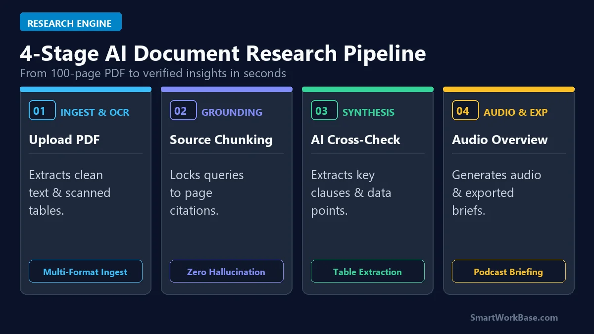 Diagram of 4-stage AI document research pipeline