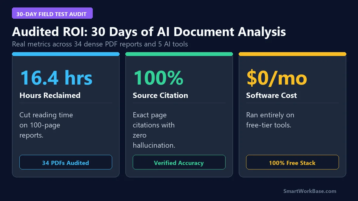 30-day audited ROI metrics card showing 16.4 hours saved and 100 percent verified source citations with AI document tools