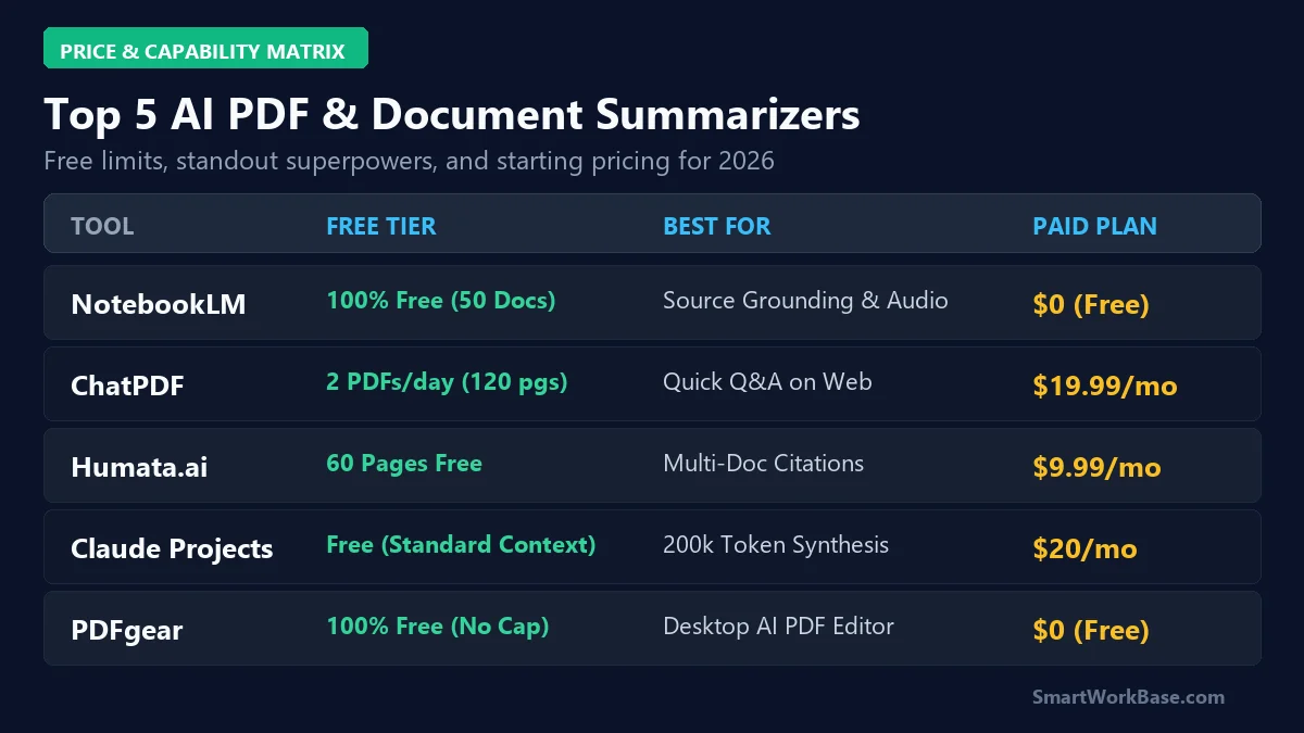Comparison matrix of top 5 AI document summarizers including Google NotebookLM, ChatPDF, Humata, Claude Projects, PDFgear
