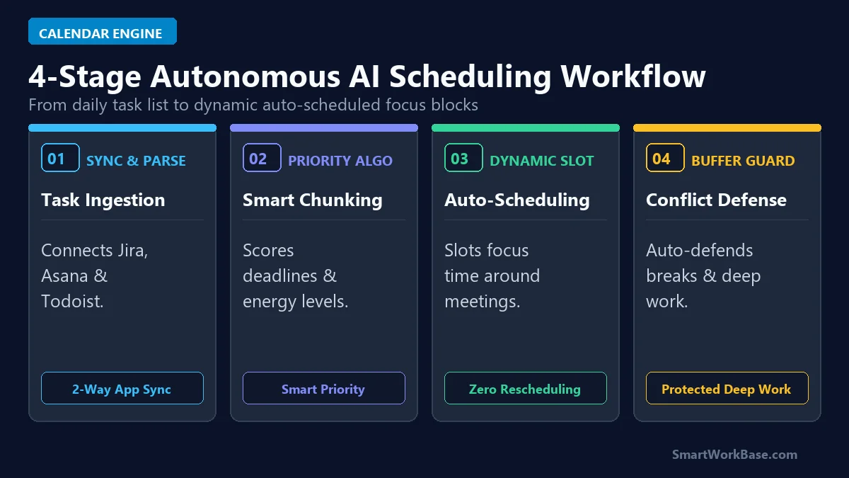 Diagram of 4-stage autonomous AI scheduling workflow