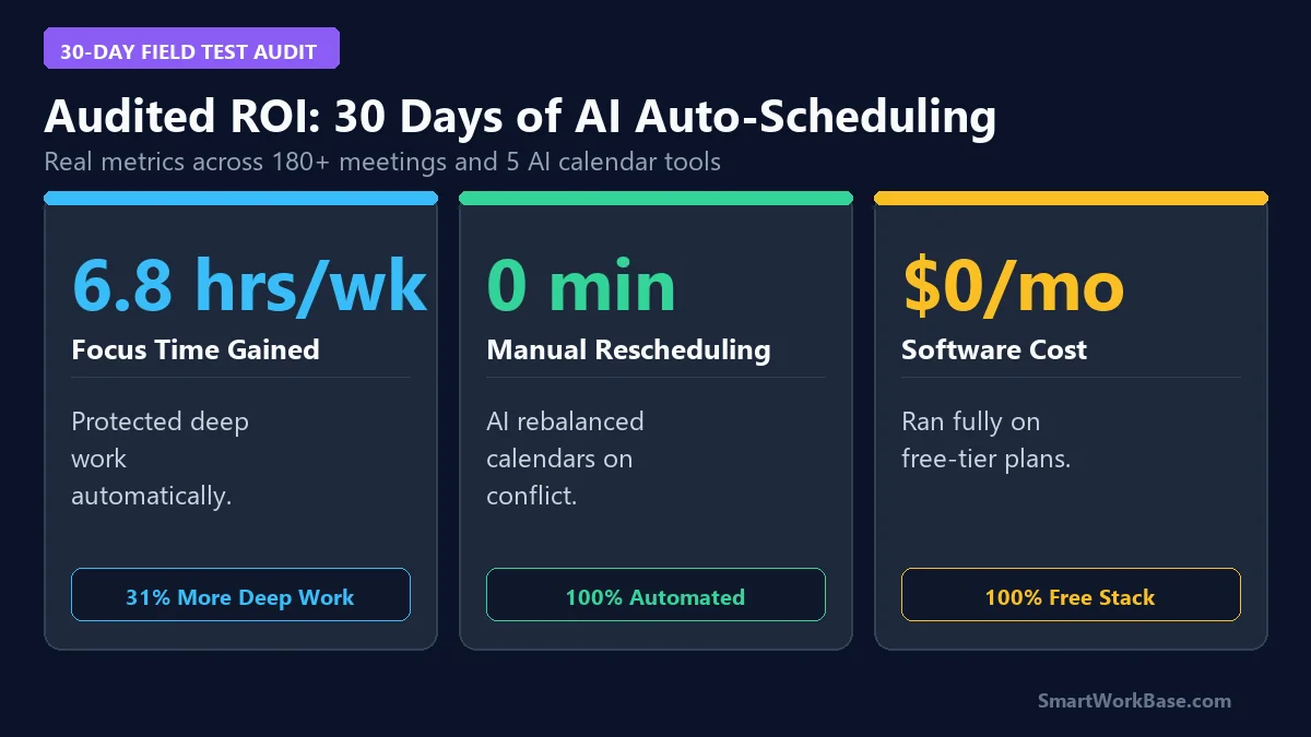 30-day audited ROI metrics card showing 6.8 hours per week of focus time gained and zero manual rescheduling