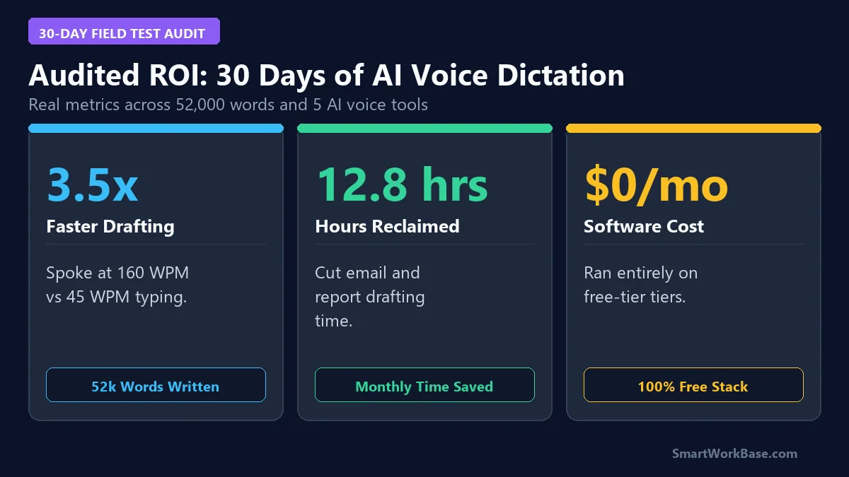 30-day audited ROI metrics card showing 3.5x faster drafting speed and 12.8 hours reclaimed per month with AI voice dictation