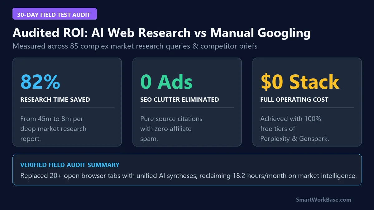 30-day audited ROI metrics card showing 82% time saved and 18.2 hours reclaimed per month across 85 research queries