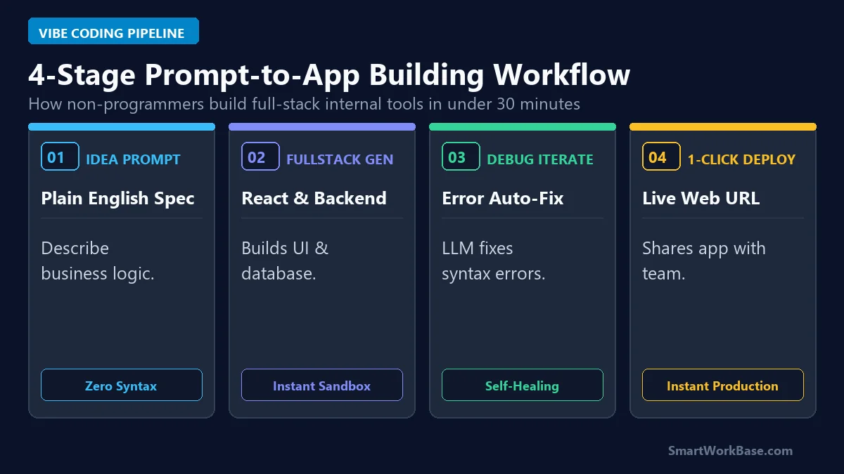 Diagram of 4-stage prompt-to-app building workflow: plain English idea prompt, fullstack React code generation, auto-debugging iterations, and 1-click team deployment