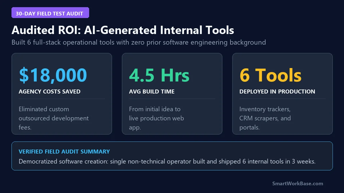 30-day audited ROI metrics card showing $18,000 agency development fees saved and 6 custom production tools built with zero coding background
