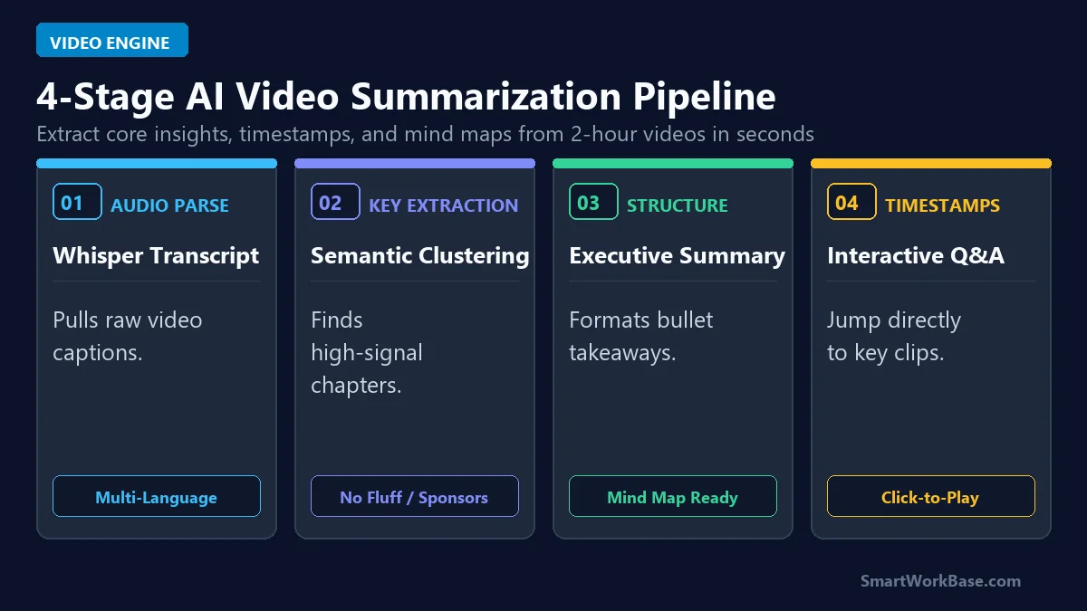 Diagram of 4-stage AI video summarization pipeline: Whisper audio caption parsing, semantic key chapter extraction, executive bullet structure, and interactive clickable timestamps