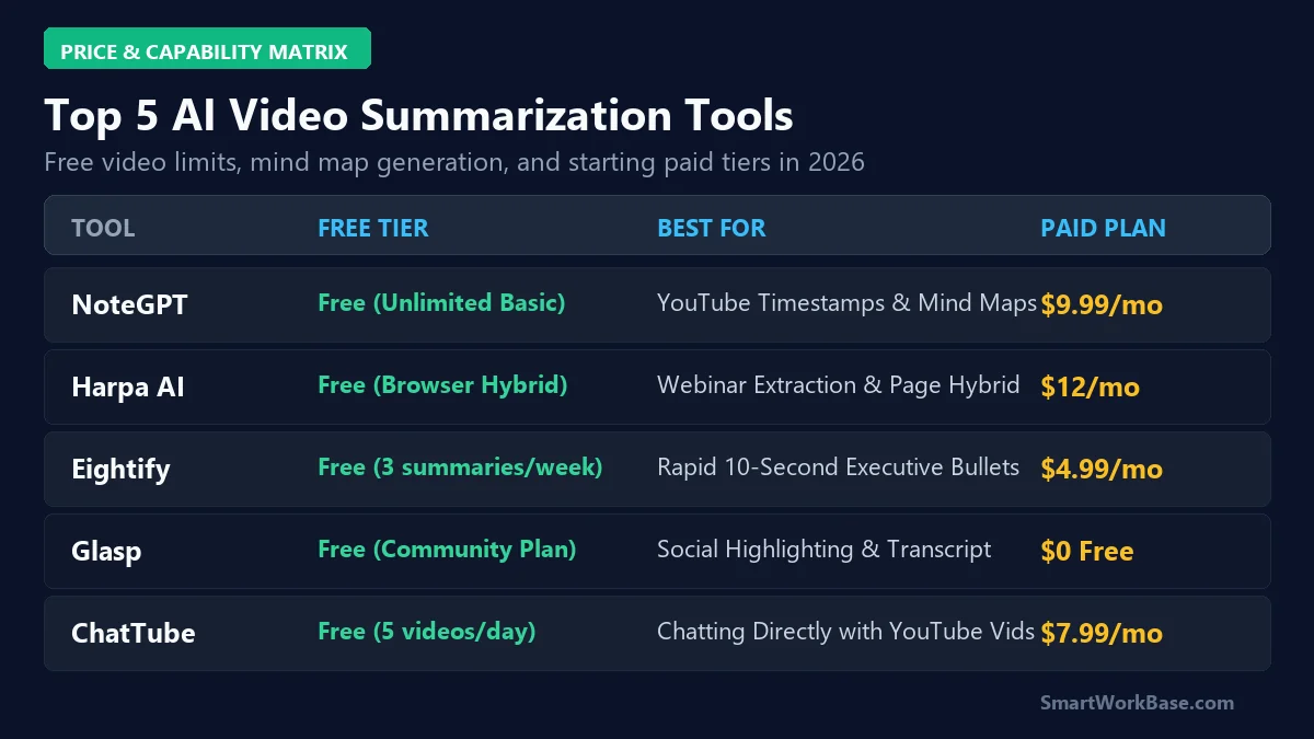 Comparison matrix of top 5 AI video summarizers including NoteGPT, Harpa AI, Eightify, Glasp, ChatTube