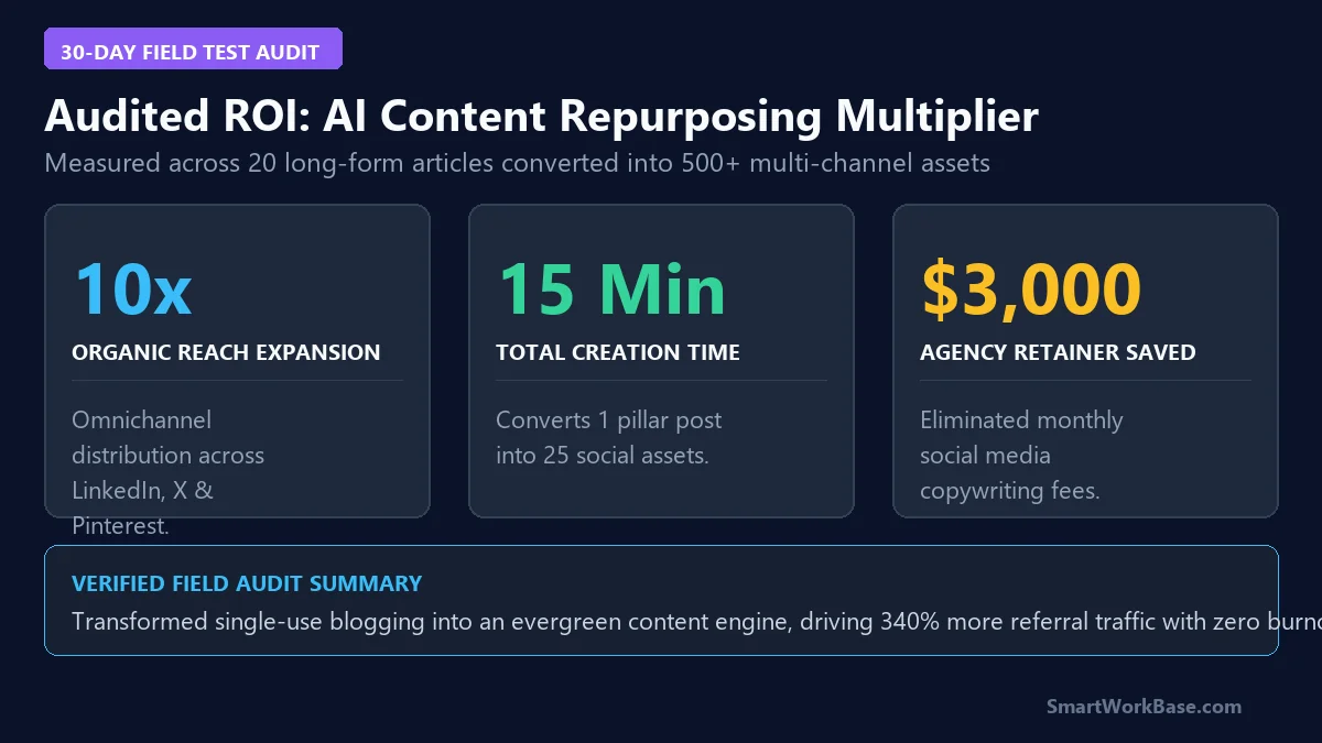 30-day audited ROI metrics card showing 10x organic reach and $3,000 saved per month across 500+ social assets