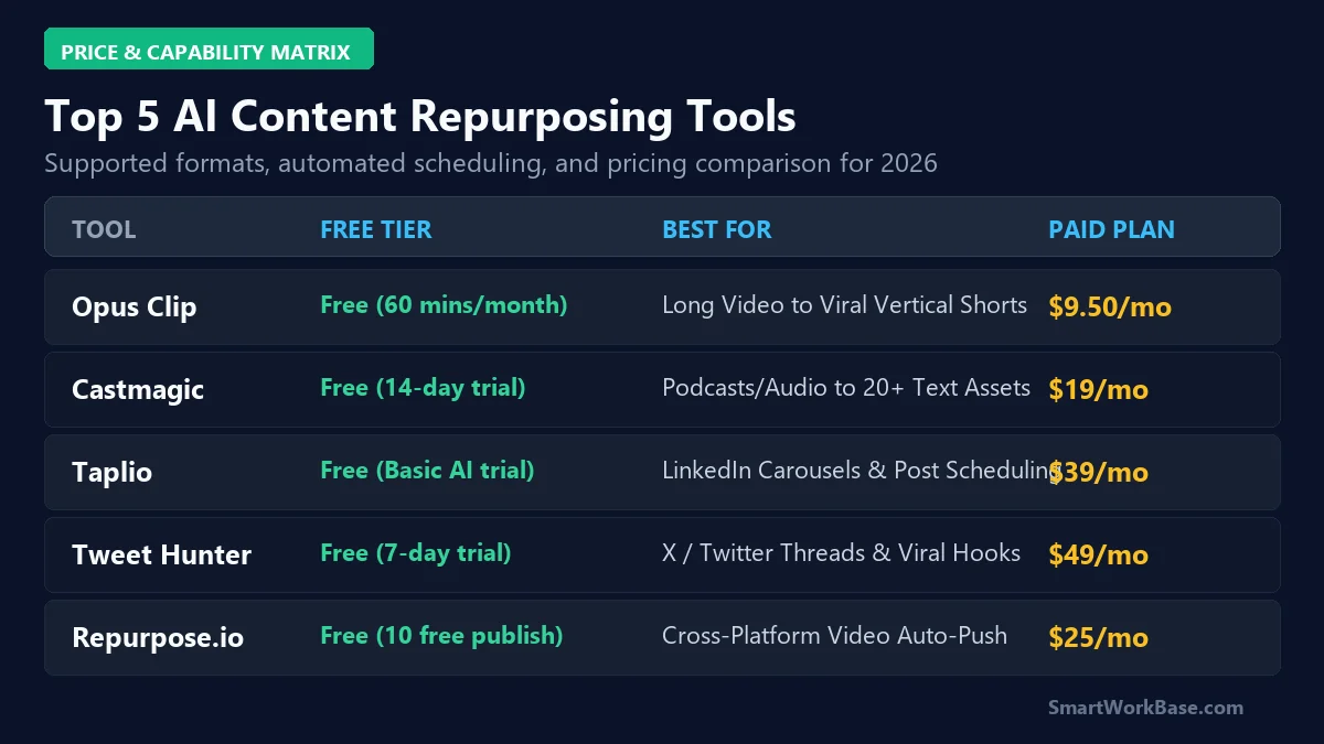 Comparison matrix of top 5 AI content repurposing tools including Opus Clip, Castmagic, Taplio, Tweet Hunter, Repurpose.io