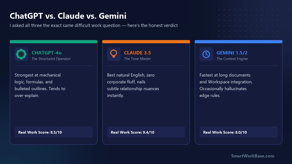 Hero card comparing ChatGPT-4o, Claude 3.5 Sonnet, and Gemini 1.5 Pro on business tasks