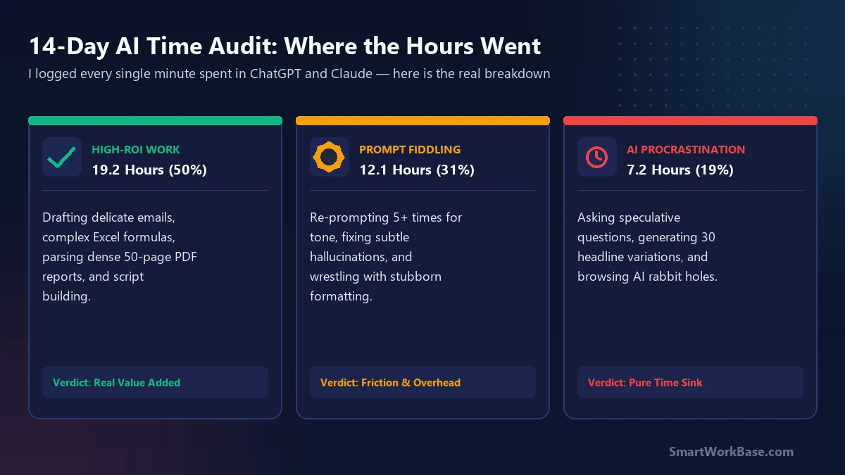 Hero card breakdown: 38.5 hours in ChatGPT and Claude showing deep work vs prompt fiddling vs procrastination