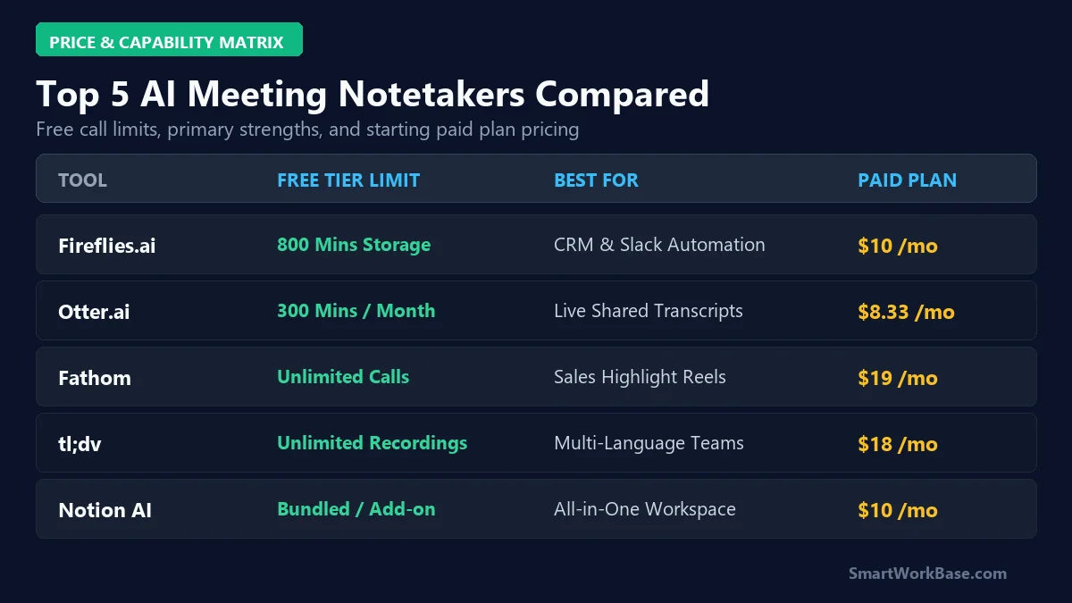 Pricing and feature comparison matrix of 5 AI meeting notetakers including Fireflies, Otter, Fathom, tldv, Notion AI