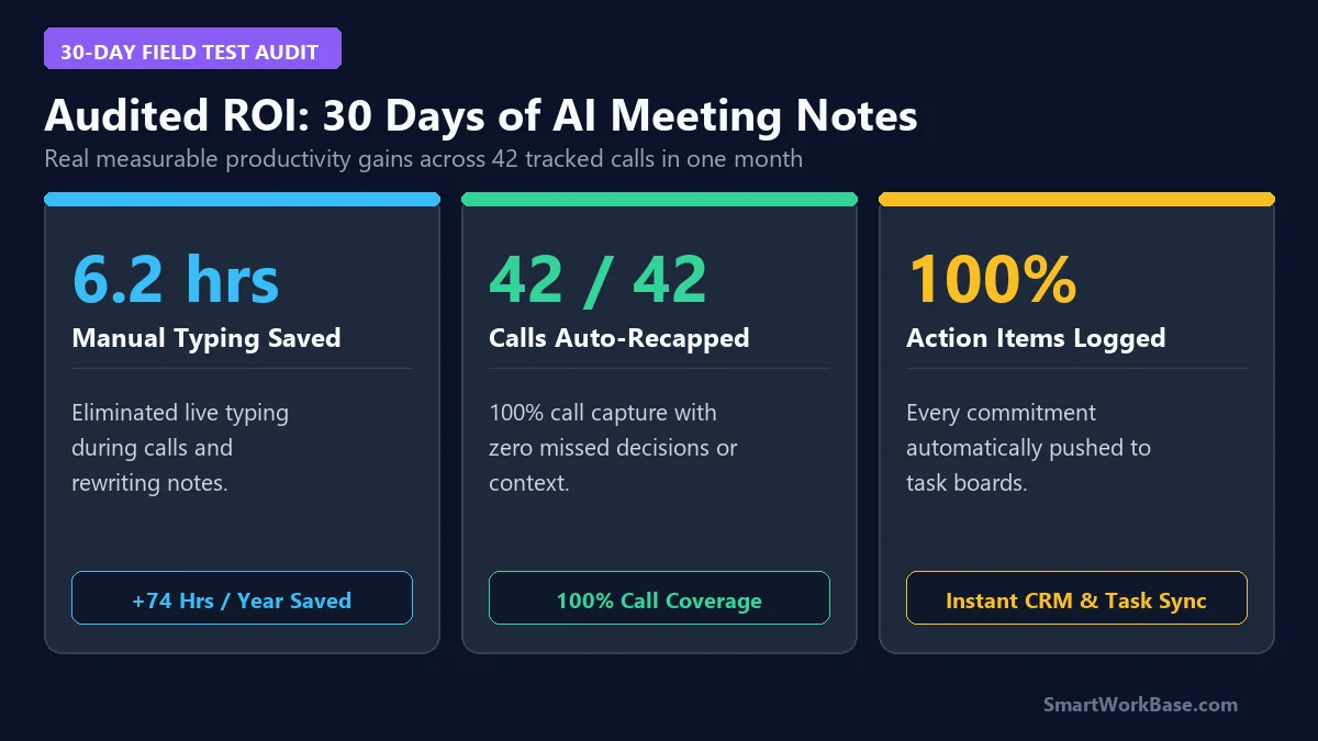 30-day audited ROI metrics card showing hours saved and calls auto-summarized with AI meeting notetakers