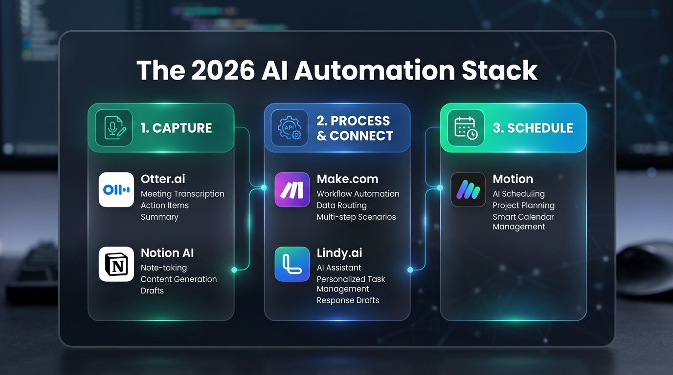 The 2026 AI Automation Stack infographic showing Capture, Process and Connect, and Schedule tools