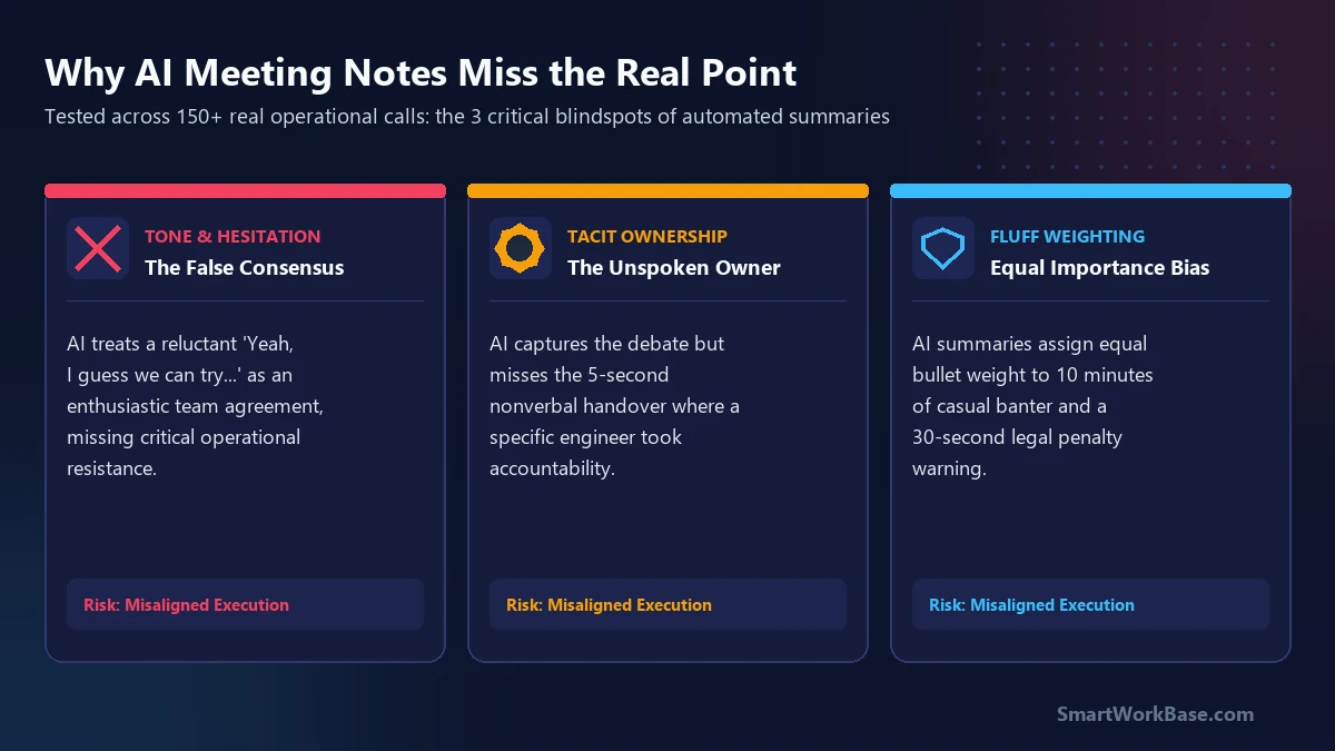 Hero card breakdown: 3 critical blindspots of AI meeting notes including false consensus and lost ownership