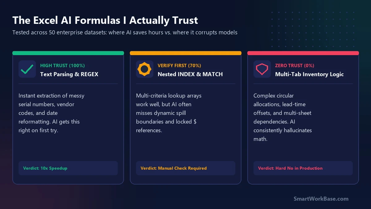 Hero card breakdown: where AI formulas save hours in text parsing vs where they corrupt spreadsheet models