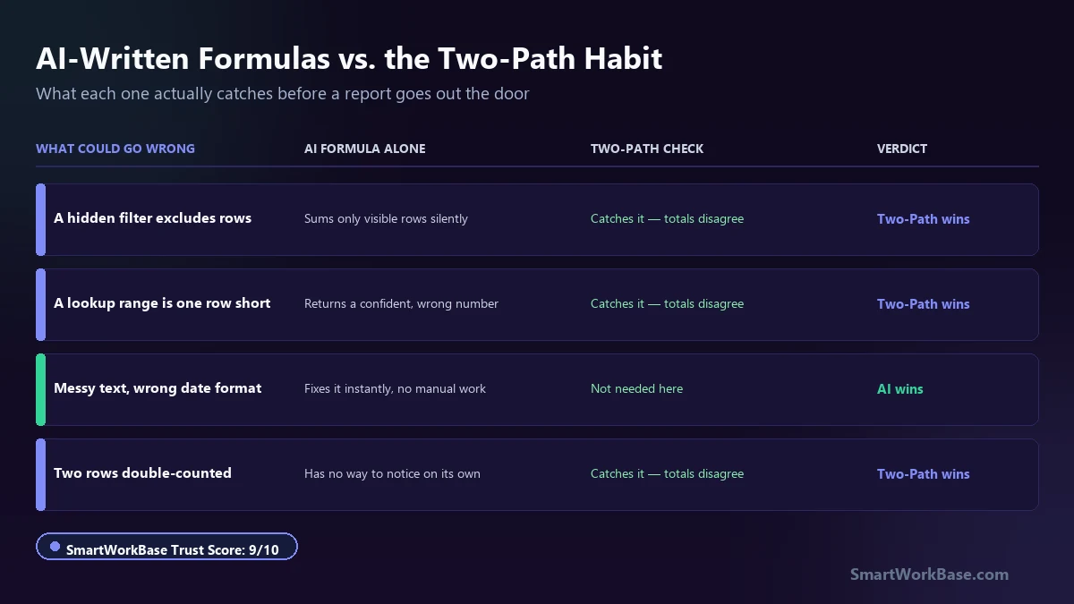 Comparison of what AI-written formulas catch versus what the Two-Path check catches