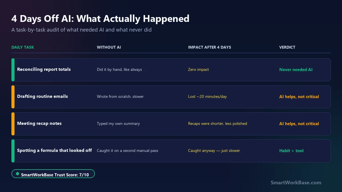 Task-by-task breakdown of what needed AI and what never did during the 4 days