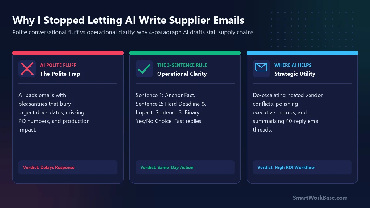 Hero breakdown: AI polite conversational fluff vs operational clarity in supply chain communication