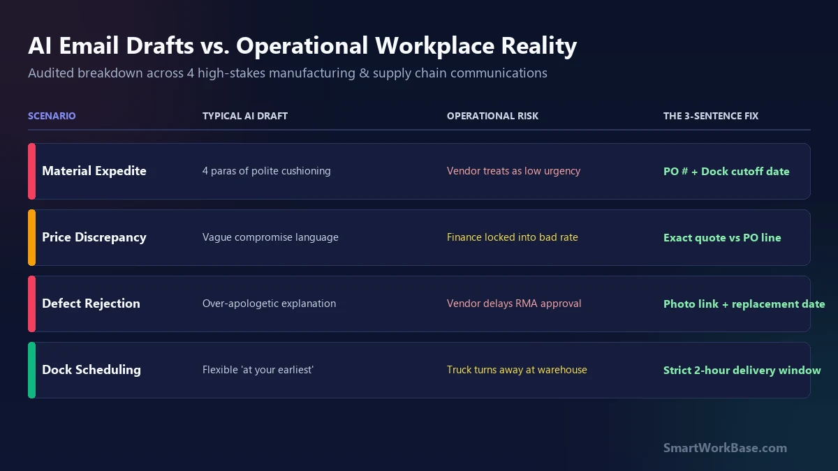 Matrix of AI email drafts versus operational reality across 4 common workplace scenarios
