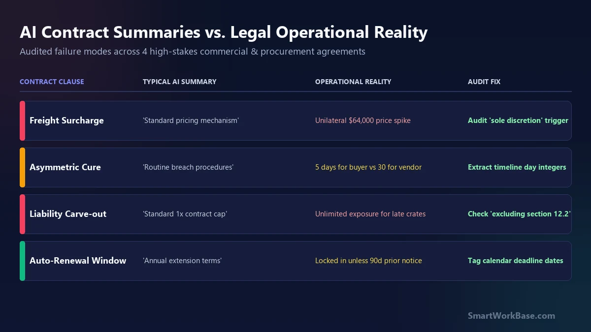 Matrix of AI contract summaries versus legal operational reality across 4 common procurement clauses