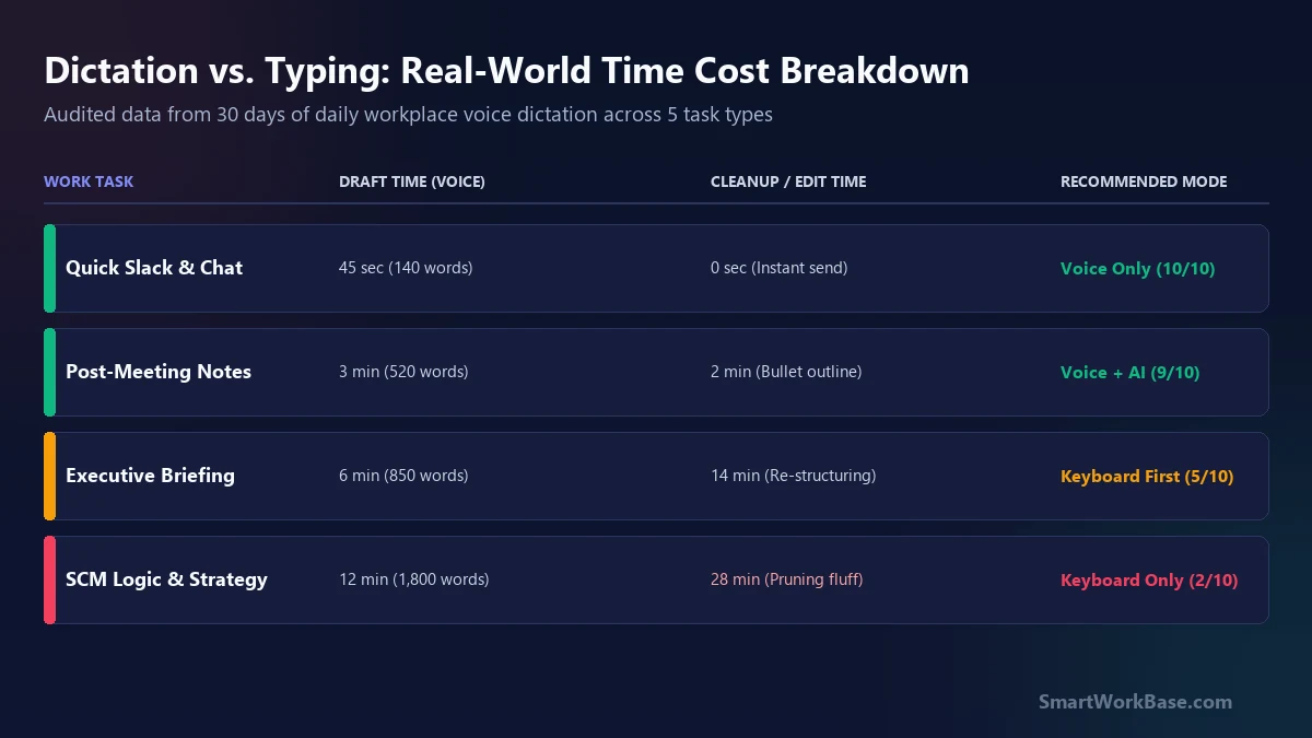 Dictation versus typing real world time cost breakdown across 5 workplace tasks