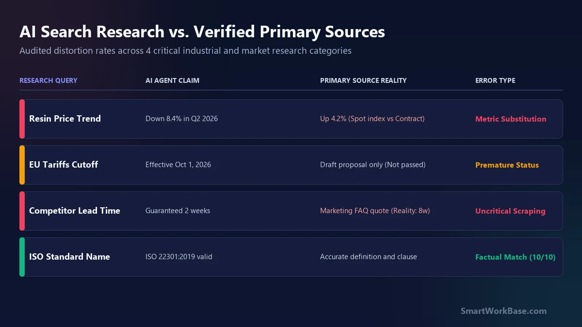 AI search research versus verified primary sources matrix across 4 industrial categories