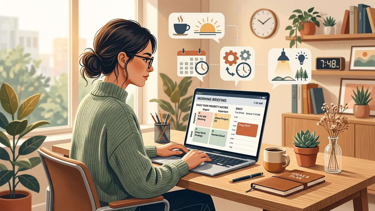 Modern editorial illustration: knowledge worker at wooden desk with morning coffee, reviewing AI morning briefing and task matrix on laptop