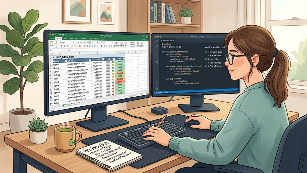 Modern editorial illustration: dual-monitor desk setup with spreadsheet data sanity and Python verification checkpoints
