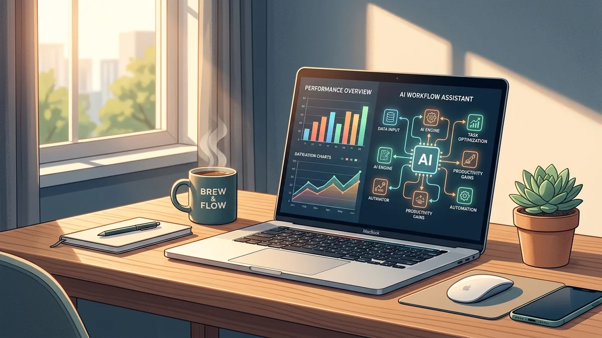 Modern editorial illustration: sleek laptop showing AI workflow assistant diagram and automation performance charts