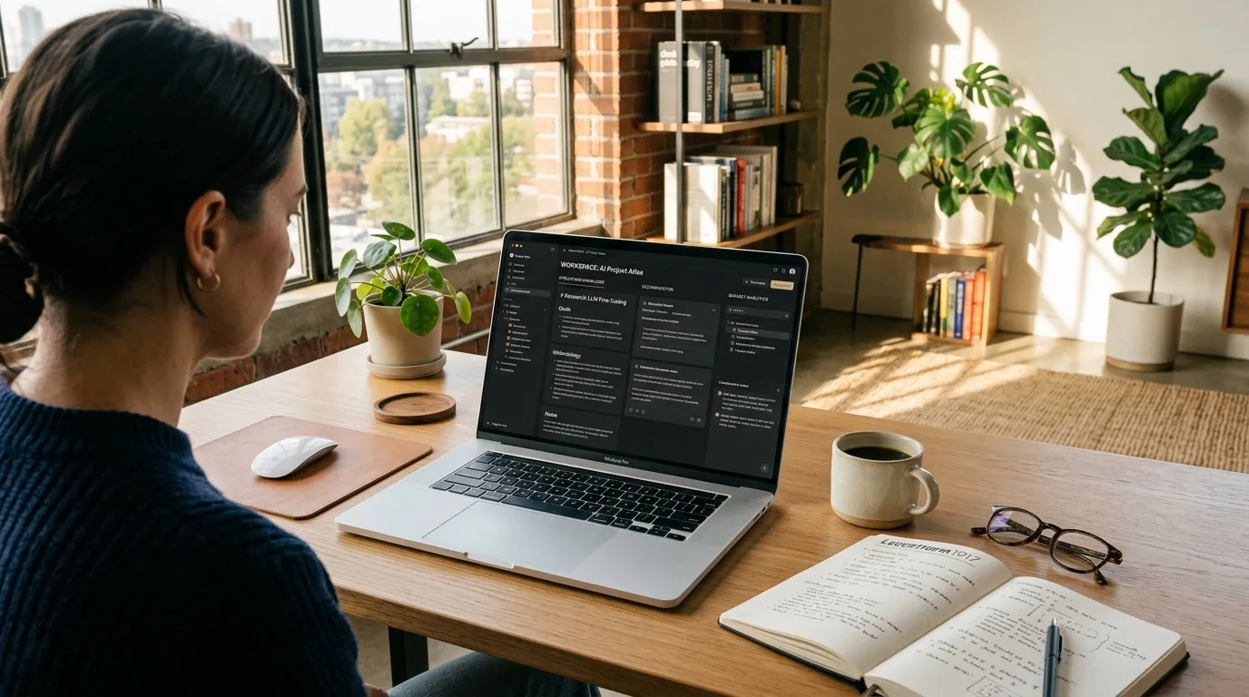 Modern editorial photography of a knowledge worker at a wooden desk comparing Claude Projects and Custom GPTs workspaces on a laptop