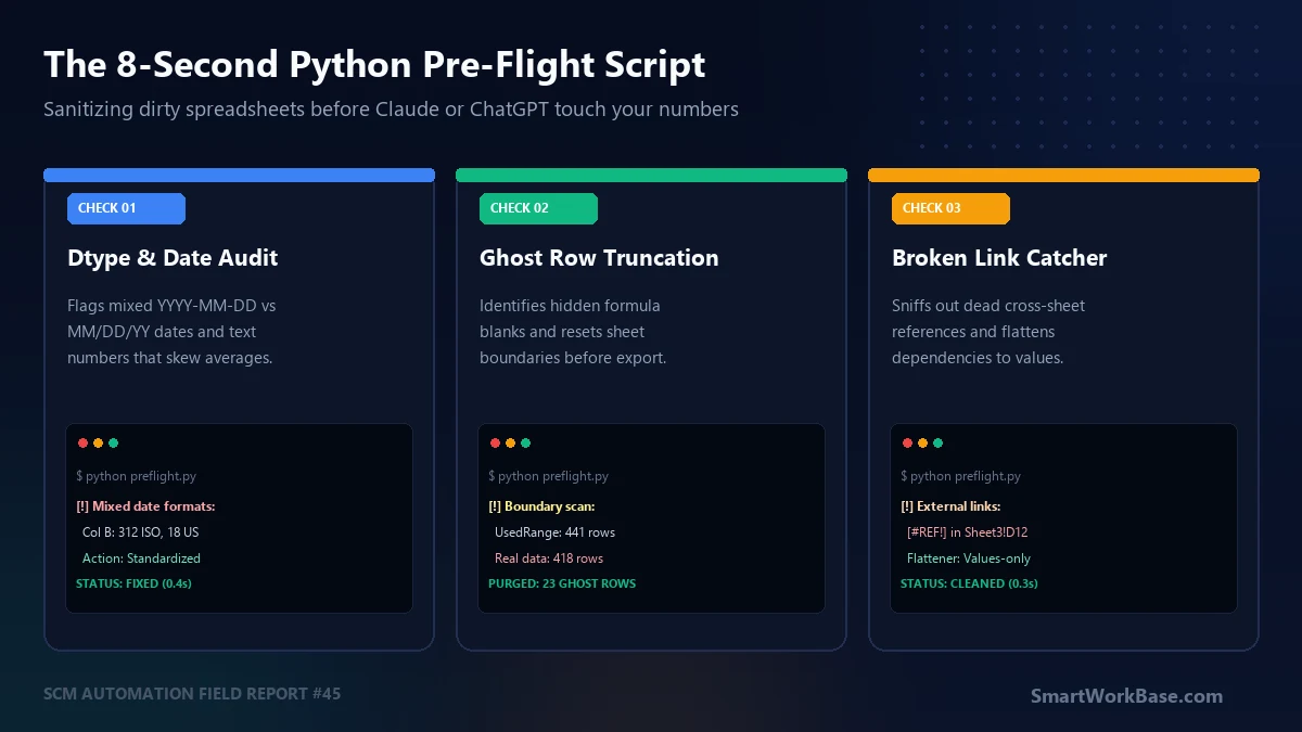 8-second Python script to sanitize and pre-flight spreadsheets before Claude and ChatGPT analysis
