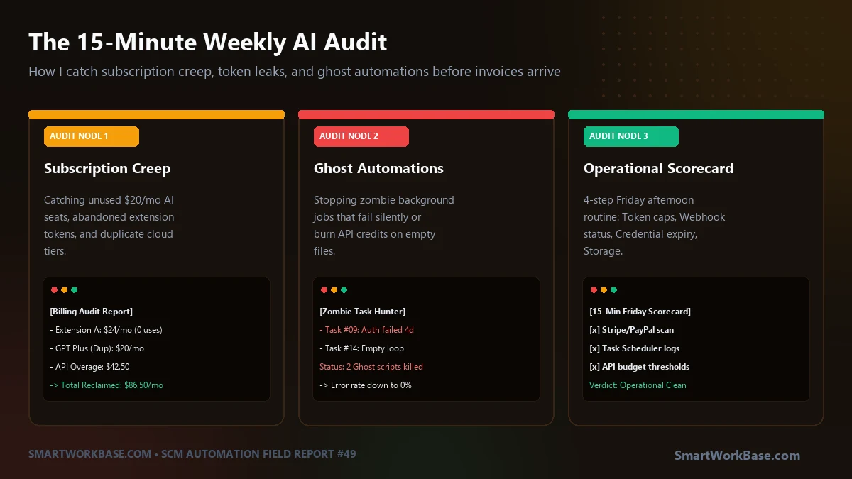 15-minute weekly AI and automation audit framework to catch subscription creep and zombie scripts