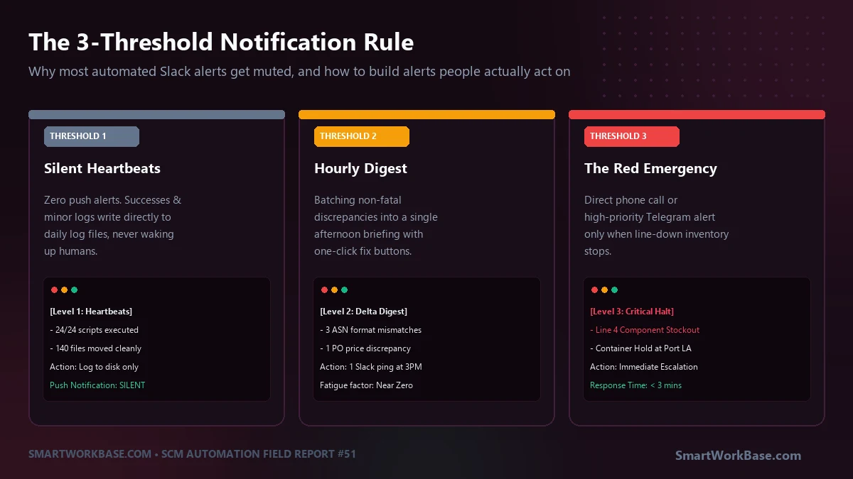 The 3-Threshold notification rule to eliminate automated Slack alert fatigue and prevent dropped logistics emergencies