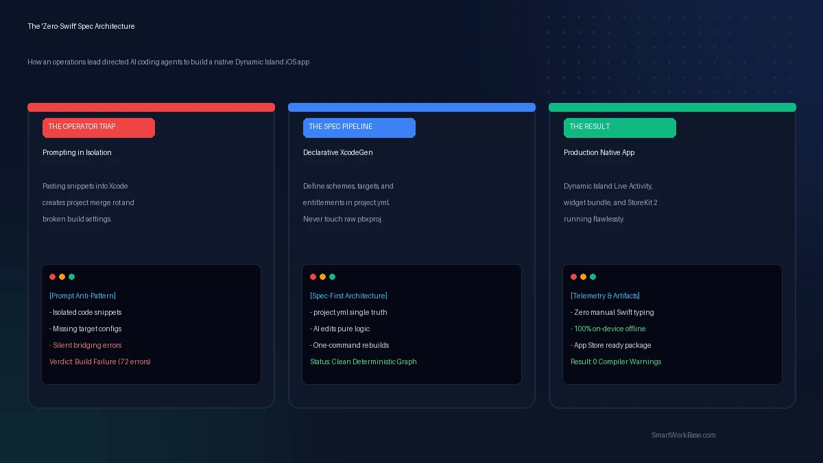 The Zero-Swift Spec architecture showing how an operations manager built a native iOS app using AI coding agents and XcodeGen