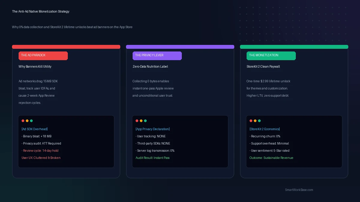 The Anti-Ad native app monetization strategy showing 0% data collection and StoreKit 2 lifetime purchases for indie apps