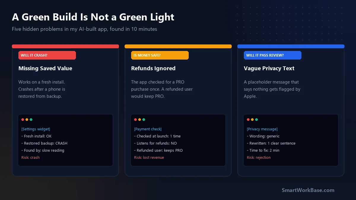 Pre-submission review checklist for AI-agent-written iOS apps showing five quiet mistakes caught before App Store upload