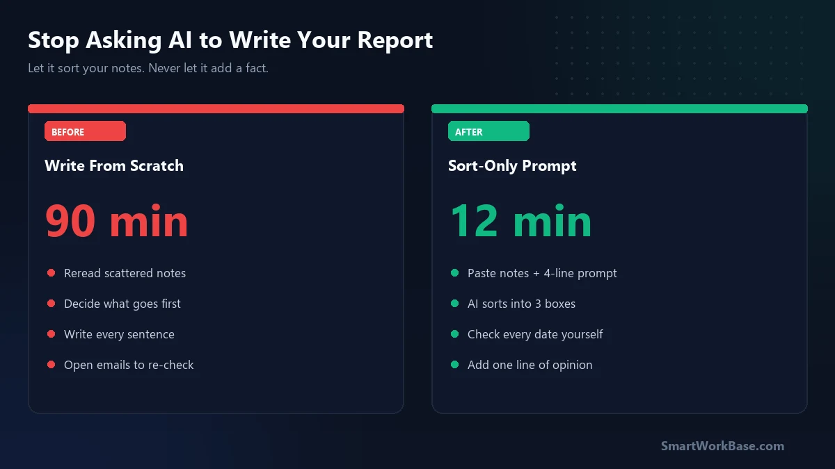 Before and after comparison of a weekly status report workflow cut from 90 minutes to 12 minutes using a sort-only AI prompt